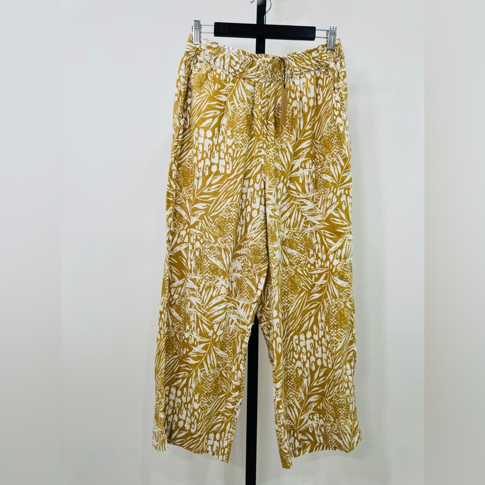 Christian Siriano New York Linen Wide Leg Pants Mustard Leaf Print Size M NWT